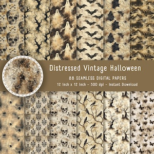 May include: A set of 88 digital papers featuring distressed vintage Halloween designs. The papers are 12 inches by 12 inches and 300 dpi. The designs include skulls, bats, ghosts, crows, spiderwebs, and more.