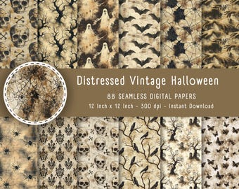 Distressed Halloween Printable Digital Paper, Antique Skull Damask and Old Paper Background, Printable Halloween Scrapbook Seamless Paper