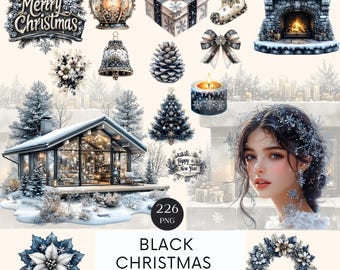 Black Moody Christmas Watercolor Clipart: 226 PNG Graphics (Digital Download)