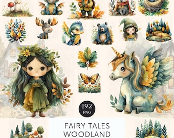 May include: A set of 192 watercolor clipart illustrations featuring woodland creatures, fairies, and magical elements. The illustrations include a unicorn, a dragon, a bird, a mushroom, a wolf, a bear, a butterfly, and a fairy. The illustrations are perfect for creating invitations, cards, scrapbook pages, and other craft projects.