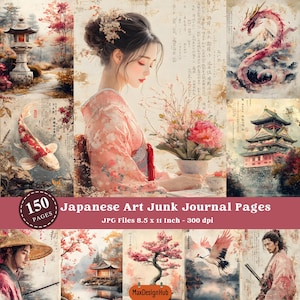 Japanische Kunst Seiten, Rosa Junk Journal, Scrapbook Seite, Papierhandwerk, Digitales Papier, Druckbares Bild, Floral Seiten, digitaler Download