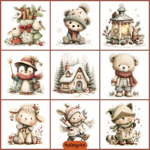 May include: A grid of nine illustrations featuring winter and holiday themes, including a teddy bear in a knit hat, a snowy cottage, a penguin with a star wand, a lantern, a raccoon with a candy cane, and various animals in festive attire.