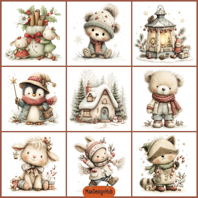 May include: A grid of nine illustrations featuring winter and holiday themes, including a teddy bear in a knit hat, a snowy cottage, a penguin with a star wand, a lantern, a raccoon with a candy cane, and various animals in festive attire.