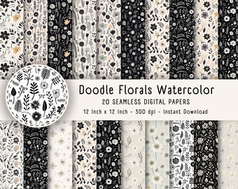 20 Black-White Doodle Florals Printable Paper, Seamless Florals Pattern, Florals Scrapbook, Junk Journal Paper JPG, Instant Digital Download