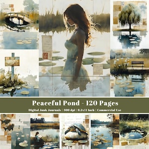Puede incluir: Un diario digital de arte titulado "Peaceful Pond" con 120 páginas. La imagen presenta ilustraciones en acuarela de un estanque con un puente, nenúfares y una mujer con un vestido blanco. El texto dice "Peaceful Pond - 120 Pages".