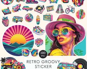May include: A set of 180 retro groovy stickers featuring a variety of colourful designs, including a peace sign, a vintage van, a disco ball, a sunset, sunglasses, a flower, a record player, a cassette tape, a guitar, a bicycle, a woman with sunglasses, and a record. The stickers are perfect for adding a touch of 70s style to your projects.
