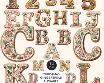 May include: A collection of gingerbread letters and numbers, decorated with icing and festive holiday details. The image includes the numbers 1 through 5, and the letters A through L, E, F, G, H, I, J, M, N, and the text "CHRISTMAS GINGERBREAD ALPHABET".