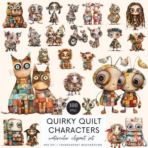 Quirky Quilt Clipart, Funny Animals, Printable Image, Sewing for Junk Journal, Digital Paper, Scrapbook supplies, Digital Download