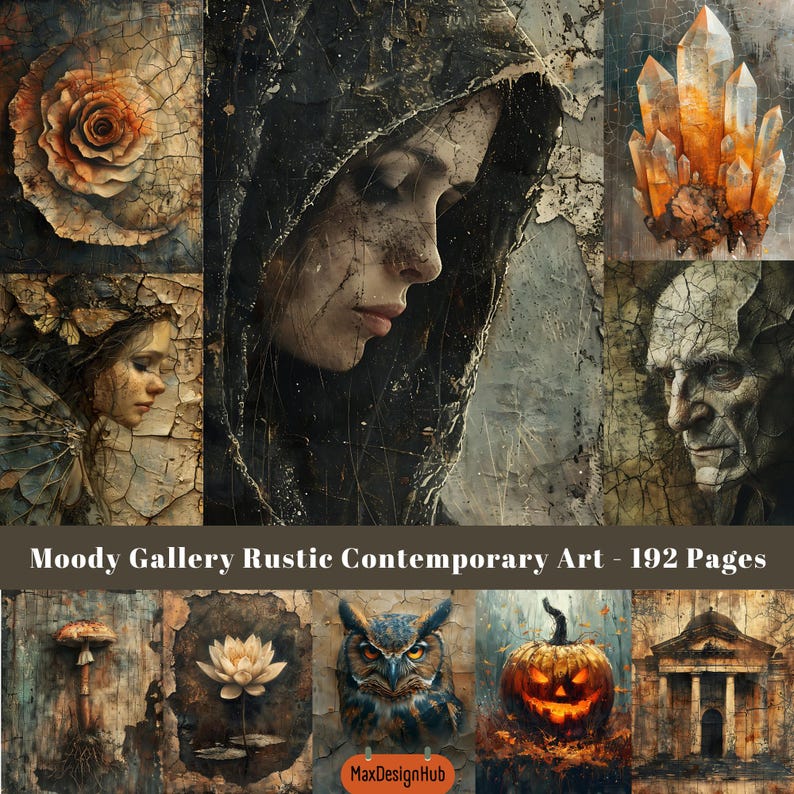 May include: A collage of moody, rustic contemporary art images. The images include a woman with a hood, a rose, a crystal, a mushroom, a lotus flower, an owl, a jack-o-lantern, and a building. The text "Moody Gallery Rustic Contemporary Art - 192 Pages" is at the bottom of the collage.