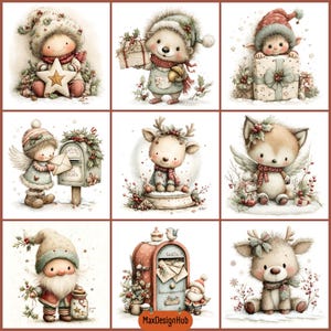 May include: A collection of nine watercolour-style illustrations featuring festive characters including a child with a star, a hedgehog with a gift, a child with a present, an angel with a mailbox, a reindeer in a globe, a winged fox, a gnome, a mailbox with letters, and a reindeer.