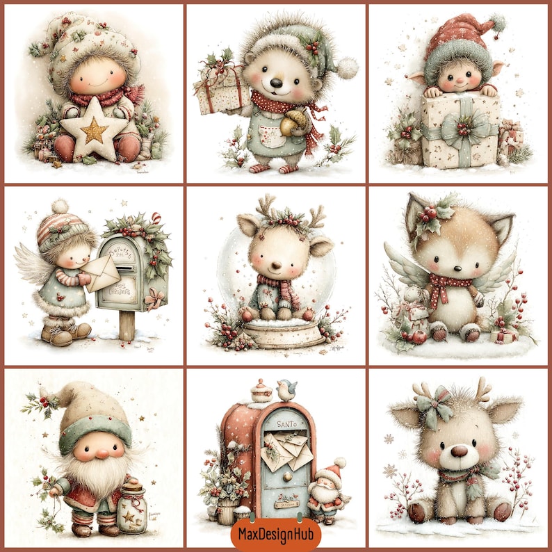 May include: A collection of nine watercolour-style illustrations featuring festive characters including a child with a star, a hedgehog with a gift, a child with a present, an angel with a mailbox, a reindeer in a globe, a winged fox, a gnome, a mailbox with letters, and a reindeer.