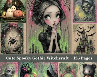 May include: A collection of illustrations with a cute spooky gothic witchcraft theme. The images feature a variety of Halloween-themed elements, including ghosts, pumpkins, spiders, a grim reaper, a witch, a mummy, and a black bear holding a pumpkin. The text reads "Cute Spooky Gothic Witchcraft - 125 Pages."