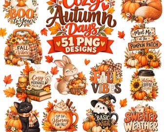Cozy Autumn Days Clipart Bundle, Fall PNG Designs, Pumpkin Ghost Animal Graphics, POD Sublimation