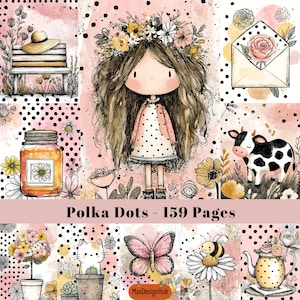 Polka Dot Junk Journal Pages: Coquette Dolls Ephemera (Digital Download, 159 JPEGs, 8.5x11&quot;)