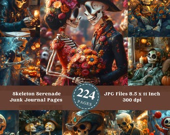 Skeleton Junk Journal Pages: Gothic Halloween Collage (Digital Download)