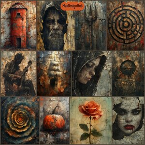 May include: A collage of 10 images with a distressed, vintage aesthetic. The images include a red silo, a bearded man, a wooden fence post, a maze, a man playing a guitar, a ship, a woman with her head down, a compass, a rose, and a woman with blood on her face.