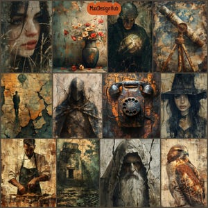 May include: A collage of 10 images with a grunge aesthetic. The images include a woman's face, a vase of flowers, a man holding a globe, a telescope, a man walking away, a hooded figure, a vintage rotary phone, a woman in a witch's hat, a man with a beard, and a hawk.