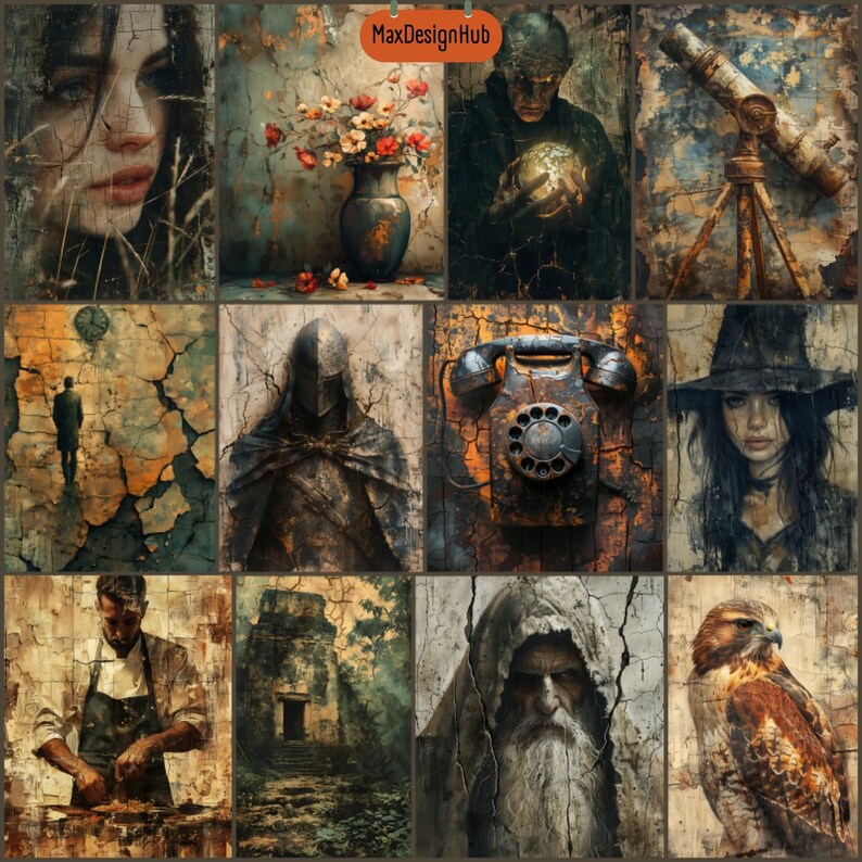 May include: A collage of 10 images with a grunge aesthetic. The images include a woman's face, a vase of flowers, a man holding a globe, a telescope, a man walking away, a hooded figure, a vintage rotary phone, a woman in a witch's hat, a man with a beard, and a hawk.