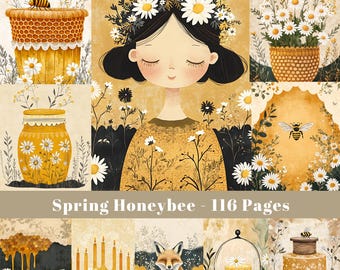 Páginas de diario creativo con temática de abejas: Elementos efímeros de primavera, papel para álbumes de recortes (descarga digital de 116 archivos JPEG)