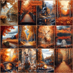 May include: A collection of twelve autumn-themed art prints. Each print features a different landscape, including a bridge, a forest path, a deer, a fox, a cabin, and a lake. The color palette is dominated by warm oranges, reds, and yellows.