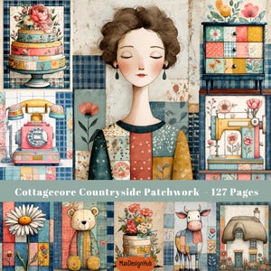 Patchwork ongewenste dagboekpagina's, schattige boerderij Cottagecore-scrapbooking, patchworkpapier, afdrukbare afbeelding, digitale download, DIY Craft