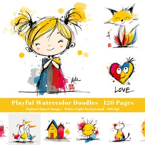 May include: Watercolor illustrations featuring a smiling girl with yellow pigtails, a fox, and a heart with the word "LOVE." The image also includes the text "Playful Watercolor Doodles - 120 Pages."
