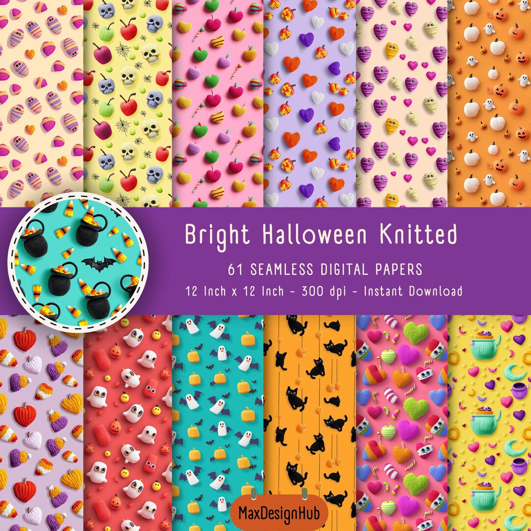 Bright Knitted Halloween Digital Paper: Seamless Scrapbook Patterns ...