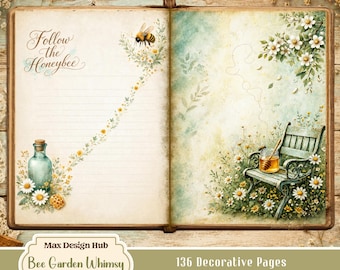 Bee Garden Whimsy Printable Pages, Honeybee Junk Journal Kit, Cottagecore Wildflowers, Vintage Scrapbook Backgrounds