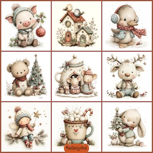 May include: A collection of nine festive illustrations featuring a pig with an ornament, a birdhouse, a duck in earmuffs, a teddy bear with a tree, mice in a teapot house, a reindeer, a fairy with a star, a mug of cocoa, and a rabbit with a tree.