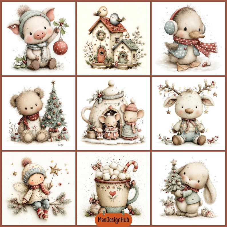 May include: A collection of nine festive illustrations featuring a pig with an ornament, a birdhouse, a duck in earmuffs, a teddy bear with a tree, mice in a teapot house, a reindeer, a fairy with a star, a mug of cocoa, and a rabbit with a tree.