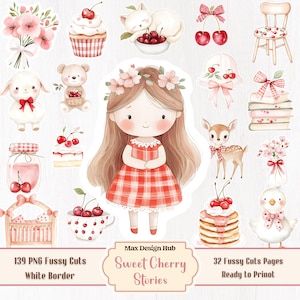 Peut inclure: Une collection d'autocollants numériques style aquarelle représentant une fille en robe à carreaux rouges, un agneau, un ours en peluche, un faon, un caneton, un chat, des cerises, des cupcakes, des pancakes, des livres, une chaise, un berceau et des fleurs avec le texte Max Design Hub Sweet Cherry Stories.