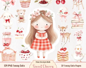 Sweet Cherry Stories Fussy Cuts, Cherry Scrapbook Printable, 139 PNG Clipart, Girl & Animal Craft