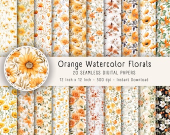 Papel floral de acuarela naranja: Álbum de recortes Shabby Chic (Descarga digital)