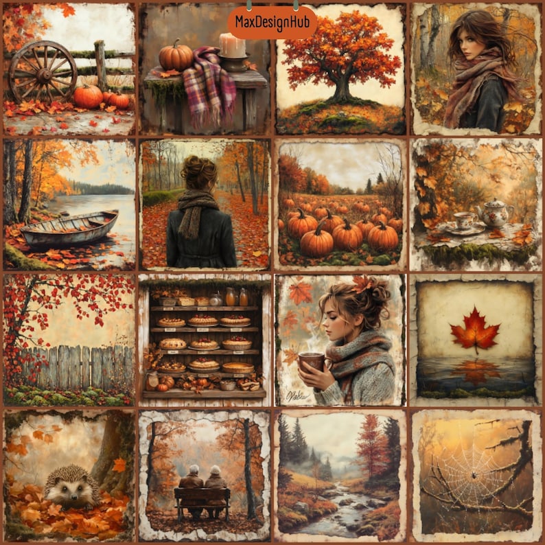 May include: A collage of autumn-themed images, including a fall forest, a pumpkin patch, a woman in a scarf, a wooden fence, a lake with a boat, a hedgehog, a bakery with pies, a spiderweb, and a woman holding a cup of coffee.