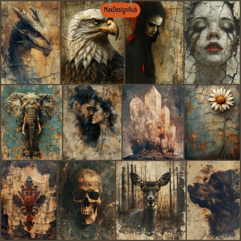 May include: A collage of 10 images with a grunge aesthetic. The images include a dragon, an eagle, a woman with dark hair, a woman with closed eyes, a crystal formation, a daisy, a shield with a floral design, a skull, a deer, and a dog.