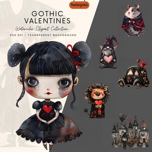 May include: A set of ten watercolour illustrations featuring gothic Valentine's Day characters. The characters include a girl with black hair and a red bow, a gnome, a lion, a car, a hamster, and a town with houses. The illustrations are in a dark and whimsical style.