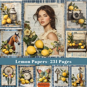 Páginas de diario de limones, suministros para manualidades de verano, efímeras de limones, papel digital, papel de collage, páginas de álbumes de recortes, imágenes imprimibles