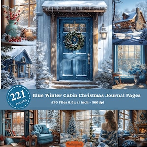 Blue Winter Cabin Christmas Printable Junk Journal Page, Sezon świąteczny, Rękodzieło papierowe, Święta zimowe, Grafika zimowa, Obraz świąteczny, Śnieg