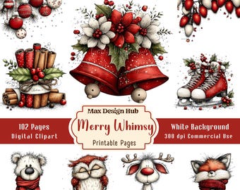 Merry Whimsy Christmas Clipart, Watercolor Holiday Graphics, Winter Character Images, JPEG Files, Scrapbook Supplies