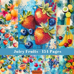 Fruit juteux, Pages de journal indésirable, Fruits colorés, Fruits shabby chic, Fournitures pour scrapbooking, Papier numérique, Image imprimable, Téléchargement numérique