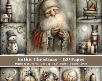 May include: A digital junk journal cover with a Gothic Christmas theme. The image features Santa Claus holding a candle, a snowman, a nutcracker, and other Christmas-themed illustrations. The journal is 8.5x11 inches and has 120 pages.