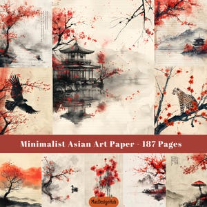 Páginas de arte asiática minimalista, diário de lixo pautado, flor de cerejeira, página de scrapbook, artesanato em papel, papel digital, imagem para impressão