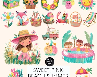 Pink Summer Watercolor Clipart: Beach Day Designs (Digital Download)