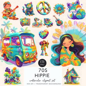Clipart hippie, clipart rétro, fille des années 70 Style Clipart, création de clipart hippie, dessins hippies, sublimation hippie, téléchargement numérique