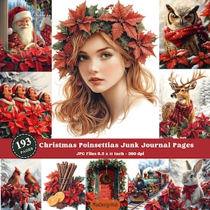 Poinsecje świąteczne, strona Junk Journal, okres świąteczny, rzemiosło papierowe, zimowe święta, obraz świąteczny, rustykalne strony, papier do scrapbookingu