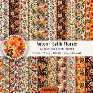 Autunno Batik Florals Carta stampabile ad acquerello Carta digitale, Modello autunnale, Diario spazzatura con foglie autunnali, Creazione di biglietti, Carta Scrapbooking