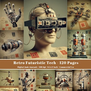 Może przedstawiać: Kolaż ilustracji retro-futurystycznej technologii, w tym mechaniczna dłoń, głowa z wizjerem i różne projekty maszyn. Widoczny jest tekst "Retro Futuristic Tech - 120 Pages". To cyfrowy dziennik śmieci z użytkiem komercyjnym.