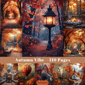 May include: A collage of autumn-themed images. Includes a path lined with trees, a park bench by a lake, a vintage car on a road, a hot air balloon, a train, a house with a bridge, an owl, and a church. The text "Autumn Vibe - 110 Pages" is also present.