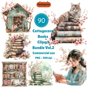 90 PNG Cottagecore Bücher Aquarell Clipart Bundle, PNG Cottage Buchbilder, gemütliche Bücherwurm Grafik, sofortiger digitaler Download, kommerzielle Nutzung