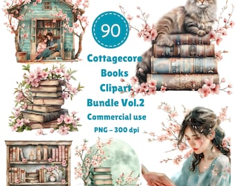 90 PNG Cottagecore Books Watercolor Clipart Bundle, PNG Cottage Book Images, Cozy Bookworm Graphic, Instant Digital Download, Commercial Use